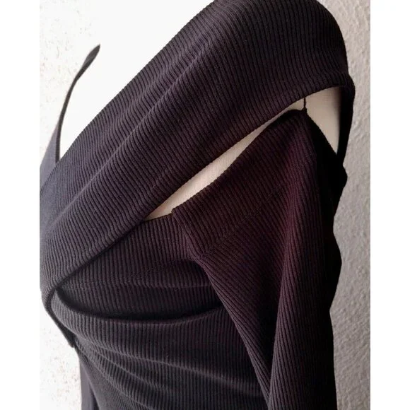 NWT L'Agence Black Fantina Dress Rib Knit Off The Shoulder in Size L